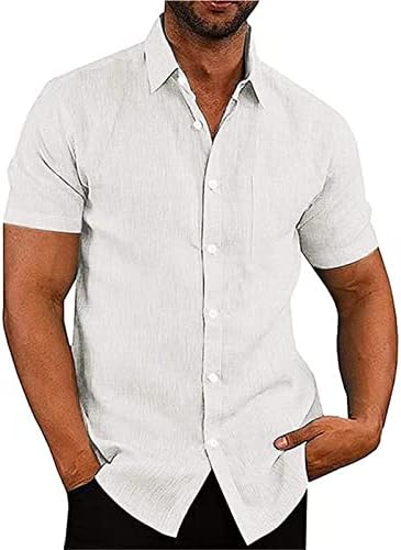 Менс летно копче нагоре кошули Обични кратки ракави памучни постелнина од плажа од страна на врвовите на хавајските блузи