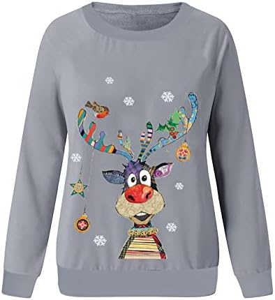Грдите врвови женски божиќни маички смешни ирваси за ирваси за ирваси, принт на долги ракави кошули Нова симпатична екипаж пуловер маичка
