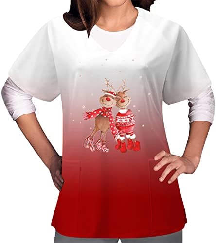 Scrub_tops за жени со краток ракав тркалезен врат пуловер Работен униформа Божиќ печатени џебови блуза Туника