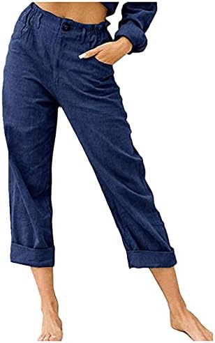 Памучни постелнини панталони за жени 2023 летни еластични половини капри панталони обични лабави исечени широки нозе плажа панталони со џебови