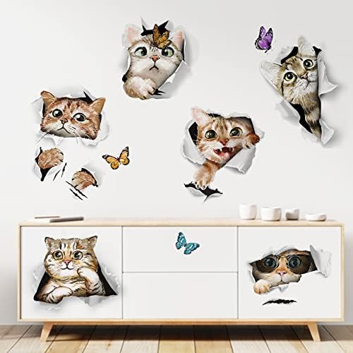 Mfault 3D мачки налепници на wallидови налепници, мачиња со пеперутка бања тоалети украси за спални уметности, маче домашно милениче животно домашно кујнски фрижидер де?