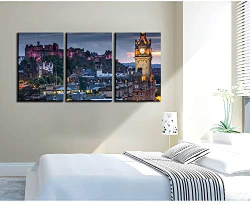 Gracelapin Canvas Wall Art Decor, Edinburgh Castle и Cityscape во текот на ноќта во Шкотска, Велика Британија Шкотска печатено масло за сликање