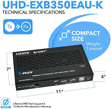 OREI 4K EARC HDMI Extender Balun Hdbaset 3.0 Ultrahd 4K @ 60Hz 4: 4: 4 над единечен CAT5E/6/7 Кабел со HDR, LAN, CEC, ARC & IR поддршка, RS