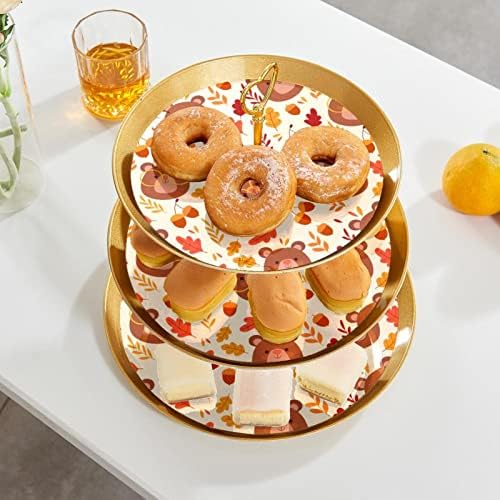 3 нивоа десерт штанд со кекс овошна плоча пластична служба на држач за приказ за свадба роденден за бебиња туш чај украси, есенски мечка