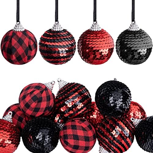 12 парчиња црни и црвени топки за секвенци, 1,96 Божиќно биволи карирани топчиња, висечки топки, расипани орнаменти на карирани