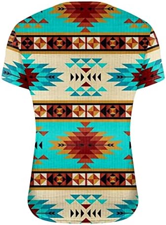 Иухан женски фустани врвови на Западен Ацтек Етнички стил Геометриски маички за печатење Краток ракав против копчето за вратот
