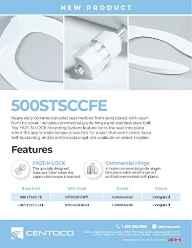 Centoco 500STSCCFE-001 издолжено пластично тоалетно седиште, отворен фронт без покритие со систем за монтирање на брзо-заклучување, комерцијална