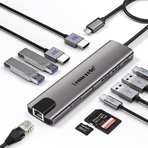 LEMORELE 11 ВО 1 USB C Лаптоп Докинг Станица Двојна Монитор Центар Адаптер w/ 2 HDMI 4K, 100W PD, Ethernet, SD/TF, 2 USB 3.0,