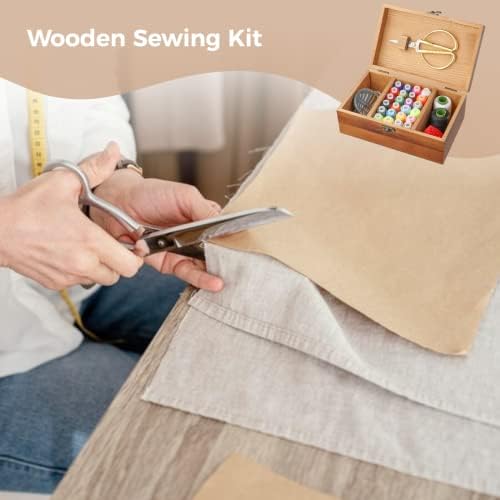 Комплет за алатки за шиење gekmor со ретро дрвена кутија, комплетен комплет за алатки за поправка на домашна рака, дрвени резерви за шиење