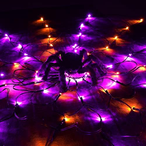 Lomotech Ноќта на вештерките пајаци веб -светла со црн пајак, 4,26 метри со дијаметар портокалово виолетова нето светла со 8 режими, 84 LED приклучок