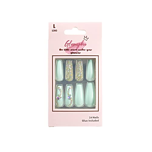 Glamyboo 24pc долг ковчег на ноктите со лепак од 1,5g | Лажни нокти за жени | Луксузен мат/сјајно дизајн на ринестон, целосна покривка