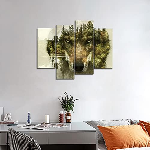 Волк 4 парчиња модерно платно сликарство wallидна уметност Сликата за домашна декорација Волк борови дрвја шумски вода волк животно печатење