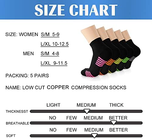 5 пара чорапи за компресија на бакар за жени и мажи - Поддршка за лак на плантарна фасцитис, кои трчаат чорапи за атлетски