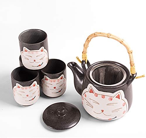 Колекција Хиномару јапонски неко мачки дизајн чај сет керамички чајник со цедалка, рачка на ратан и 4 чаши чај
