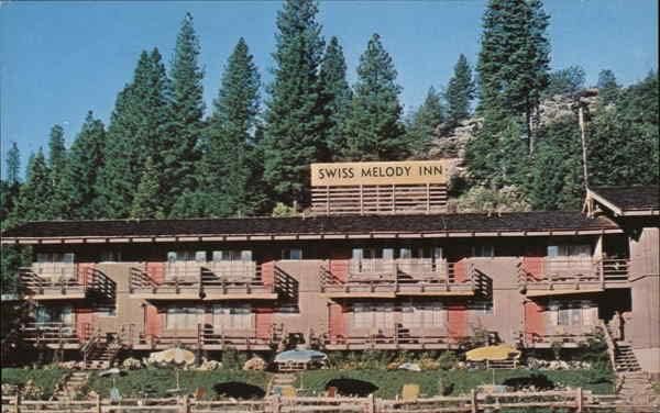Швајцарскиот мелодија Ин мотел, трпезарија, риба камп за подароци, Калифорнија Калифорнија Оригинална гроздобер разгледница