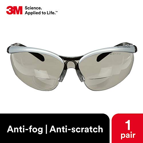 3М безбедносни очила со читатели, BX, +2.0, ANSI Z87, сиви леќи против-магла против-камшик, сребрена рамка, прилагодливи храмови со должина и агол