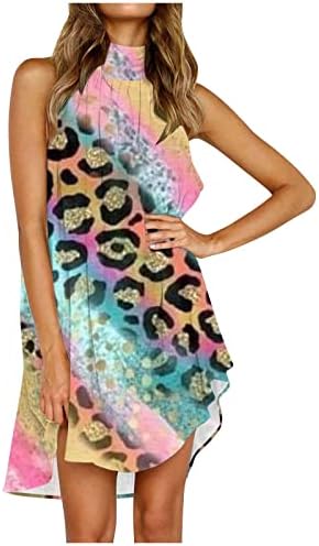 Цветен фустан за жени Неправилно печатено печатено маичка со високи врат од гроздобер лабави фустани за жени 2023 секси