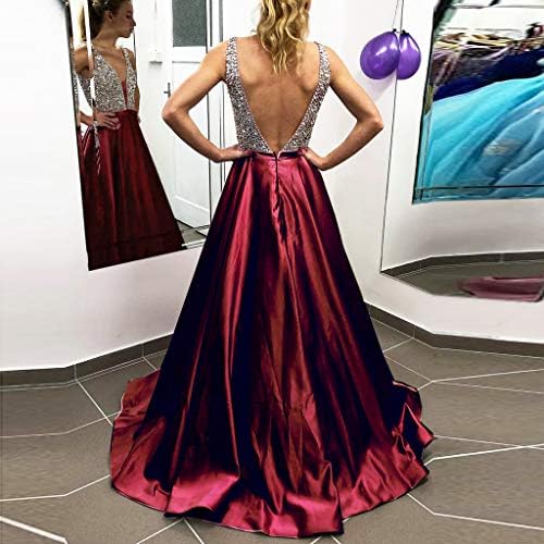 Макси формален фустан за женски матурски фустани 2022 секвенциран вечерен фустан со фустани за забава без ракави V вратот, фустани за забави