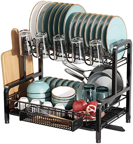 Boosiny Rack Rack и Drawboard Set за кујнски бројач, 2 нивоа големи организатор на мијалник од не'рѓосувачки челик, садови за садови