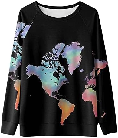 Qtocio џемпер за жени со долги ракави светски мапа графички печати џемпери екипажот на вратот маица симпатична пулвер лабава блуза врвови