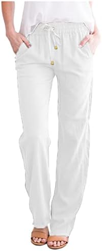 Летни обични памучни постелнини панталони за жени широки нозе панталони со џебови лабава се вклопуваат чиста боја панталони за права