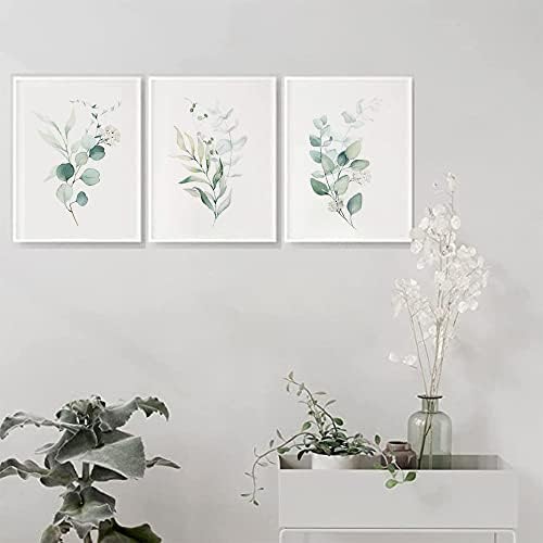 Лисја од еукалиптус минималистички ботанички едноставен живот сликарство за бања wallид декор, уметнички принт сет на 4, модерна бохемија ботанички лисја кујнски ра?