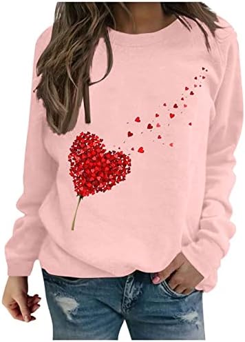 Женски џемпер срце графички екипаж на екипажот џемпери за џемпери, цветни печатени врвови жени, симпатични градиент кошули со