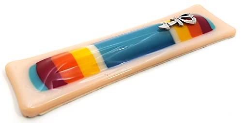 Шарена мезуза стакло беж кутија со сини, црвени, портокалови и жолти ленти, креативна Јудаица, подарок за еврејска свадба