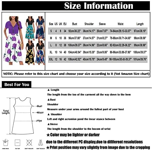 Фрагарни формални фустани за жени плус големина, женски летен случајниот печатен краток ракав со кратки ракави V-вратот за џеб ретро половината