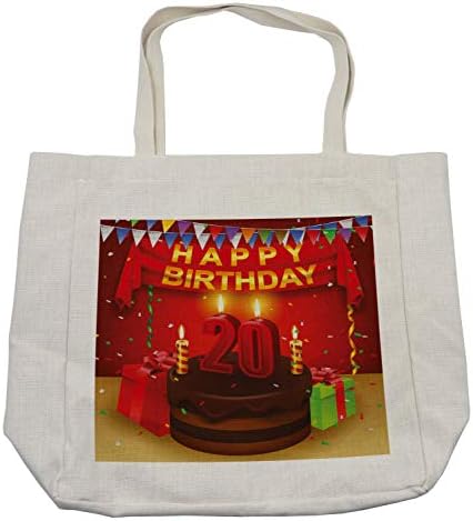 Торба за купување на 20-ти роденден на Амбесон, кутии за среќна роденденска забава и знамиња на позадината на црвената боја, еколошка торба