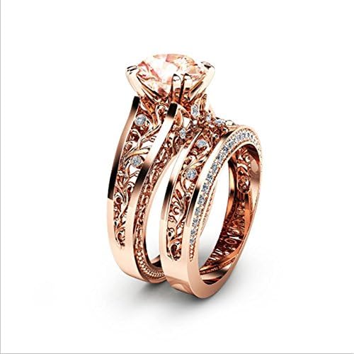 ПР накит од розово злато, исечено топаз cz родилен камен, свадбен цветен прстен сет