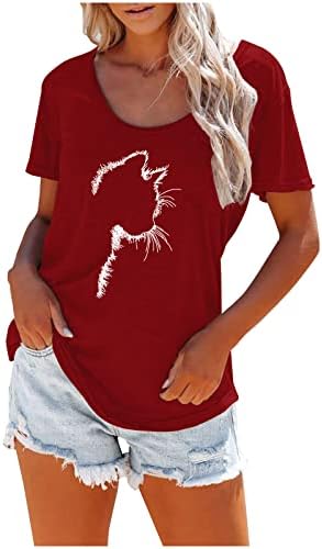 Кошули за жени испрскани кратки ракави летни врвови лажички вратот Симпатична мачка графичка маичка лабава основна блуза врв