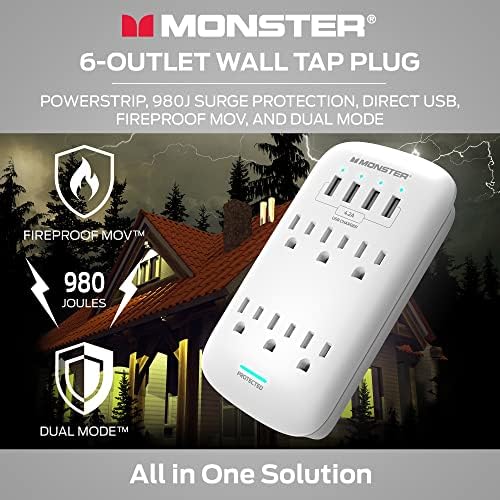 Monster Wall Wall Tap Plug 6-Outlet Extender со заштитник на излез за дома, патување, канцеларија, домашни уреди, компјутери и паметни