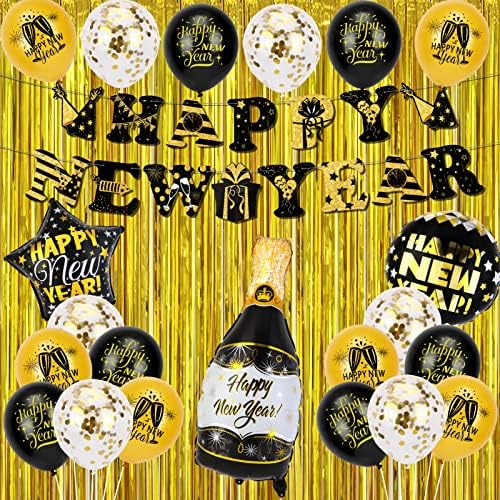 Среќна Нова Година Партија Декорација Материјали-Среќна Нова Година Банер Фолија Балони Латекс Балони Златна Фолија Раб Завеса,