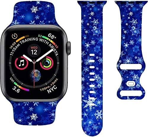 Божиќни цртани филмови опсези компатибилни со Apple Watch Band 42mm 44mm 45mm, Божиќ Божиќни сини бели снегулки силиконски ленти за ленти, компатибилни