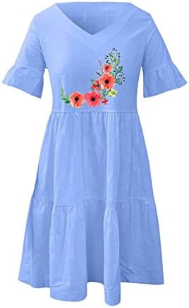 Womenенски обичен мини фустан моден печатен џеб сандерс слатки девојки пуфти ракав капка јака проток на забава на плажа, фустан