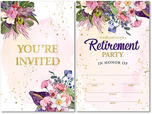 Покани за забави за пензионирање на цвеќиња SOICEU со коверти сет од 20 елегантни цвеќиња за пензионирање вечера