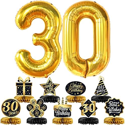 Големи, 30-Ти Роденден Саќе Централни Парчиња-40 Инчи, 30 Број Балон | 30-Ти Роденден Декорации На Маса | Црно, Злато 30 Роденденски Украси