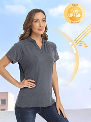 Tacенски женски V-вратот за голф Поло кошули без кратки ракави за кратки ракави UPF 50+ Заштита на сонце Брзо сув спортски