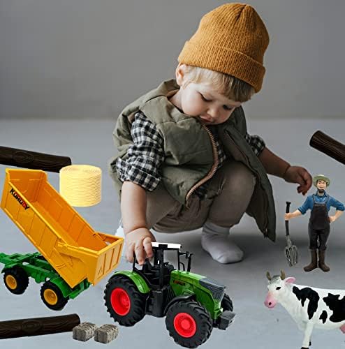 Поставен трактор Peagprav со приколки Фармски играчки Фармски плејсети возила 1/24 скала со кравји земјоделец Бејл трева алатка за фарма за момчиња девојчиња Деца товар