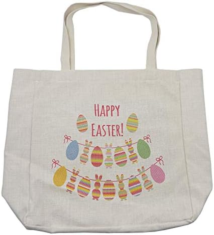 Торба за шопинг на велигденски зајаче Амбесон, среќна велигденска типографија со разнобојно јајце и зајак плетен изглед, еколошка