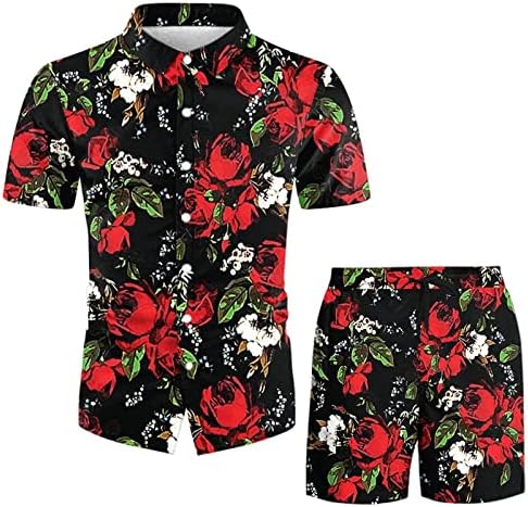 2 парчиња облека Облеки за мажи се протегаат 3Д печати хавајски кошула и кратки комплети Тропски хаваи мускулни маички костуми костуми