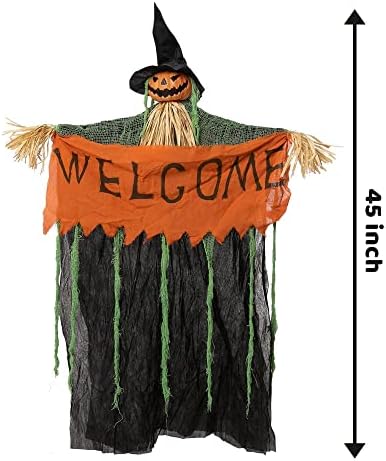 Packоин 3 Пак 45 '' Ноќта на вештерките што висат украси Grim Reaper & Scalecrow и виси вештерка со добредојден банер, украси за забави
