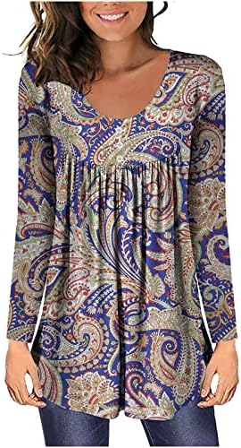 Женски цветни врвови со долги ракави на врвовите на Хенли V вратот нагоре Блус Обична летна облека А-линија Туника Блус пуловер