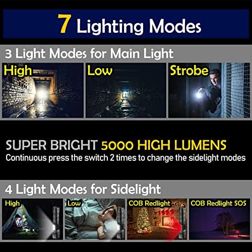 CEBOIC LED Fly Flashlight, 5000 Lumens Super Bright Tactical Flash Light со Sidelight, 7 режими зумирачки водоотпорни рачни моќни светилки за