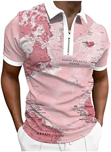 Машка гео печати кратка ракав Поло кошула обична тенок фит маица контраст во боја на крпеница, врвови, маица со маици со пол,