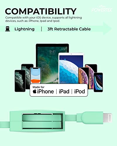 Ликвипел Powertek повлечен MFI овластен полнач компатибилен за Apple iPhone, iPad, 3FT кабел, молња до USB кабелски кабел,