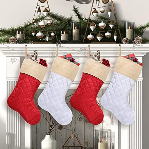 ElegantPark црвено бело памук ватирани Божиќни чорапи бронзено божиќно држач за порибување сет од 4 Божиќни одмори камин виси декорација