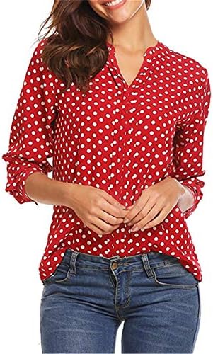 Andongnywell женски манжетирана шифон шифон со долги ракави кошули за туники блуза случајна точка за печатење V вратот Топ маица Туника