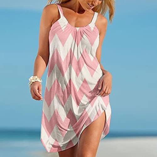 Женски обичен мини фустан без ракави летен круг врат трендовски фустани од плажа, пеперутка цветен печатен фустан од туника